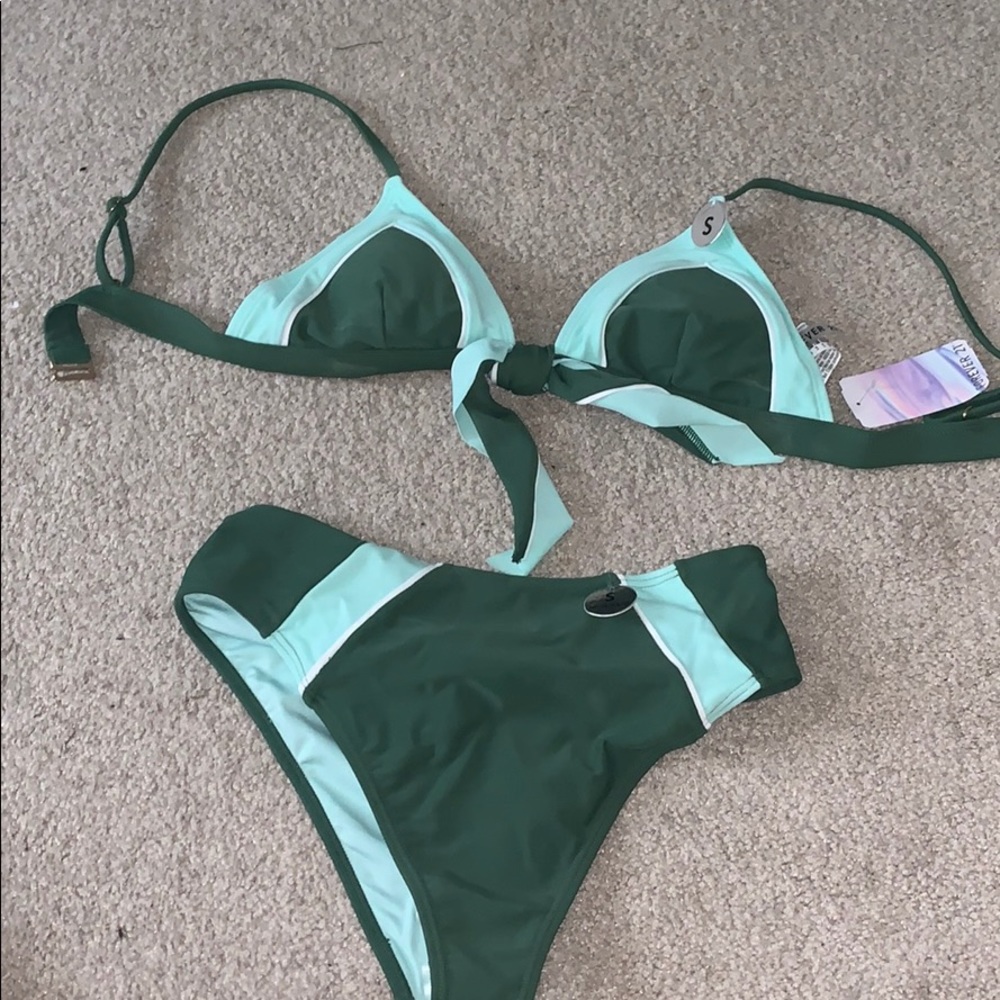 Blue and green high waist bathing suit